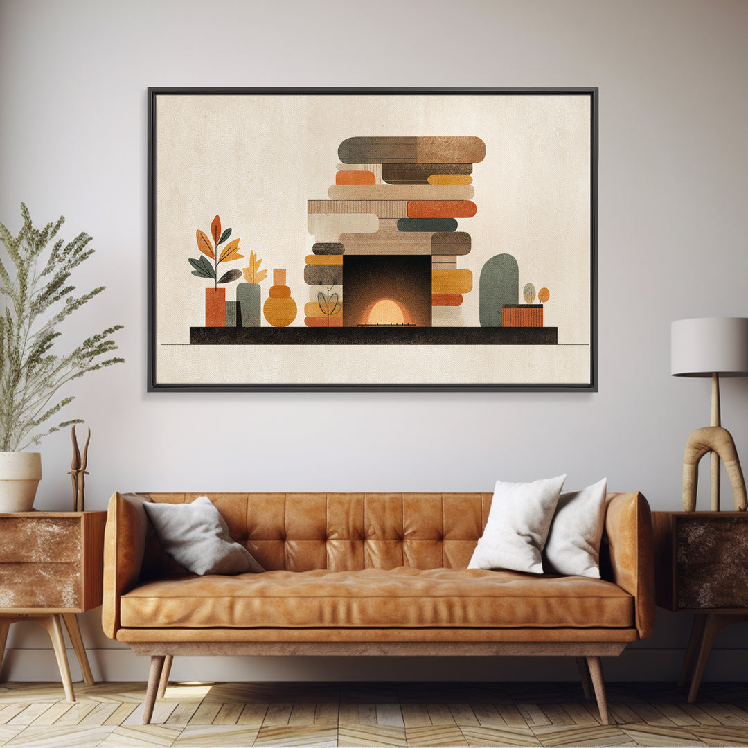 Cozy Midcentury Fireplace Wall Art, Warm Geometric Hearth Canvas Print, Retro MCM Home Decor For Living Room And Office Decor