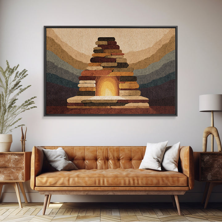 Rustic Stone Fireplace Wall Art, Mountain Lodge Midcentury Canvas Print, Warm Cabin Decor For Living Room Or Office Gallery