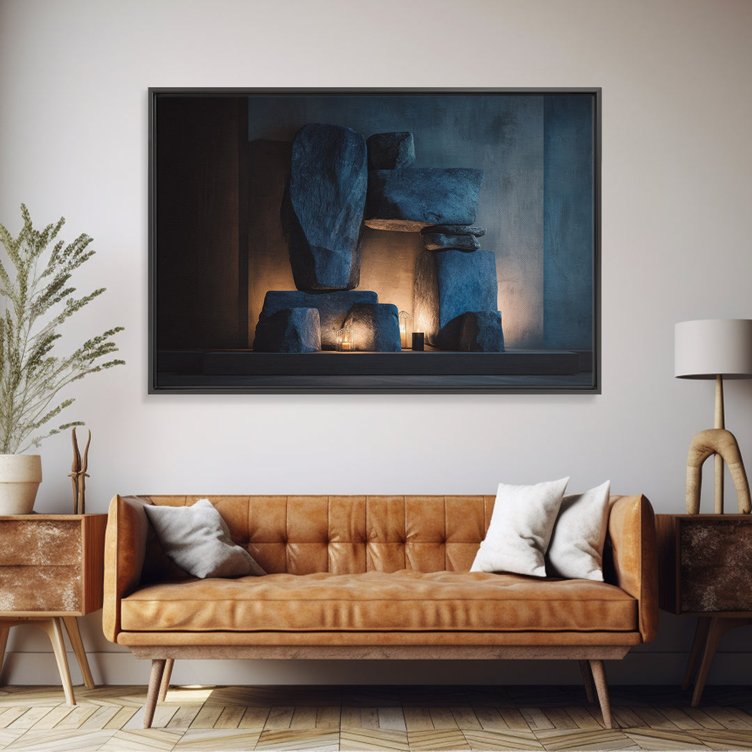 Blue Megalith Stone Sculpture Wall Art, Dramatic Modern Framed Canvas Print, Moody Minimalist Decor For Home Office Or Den