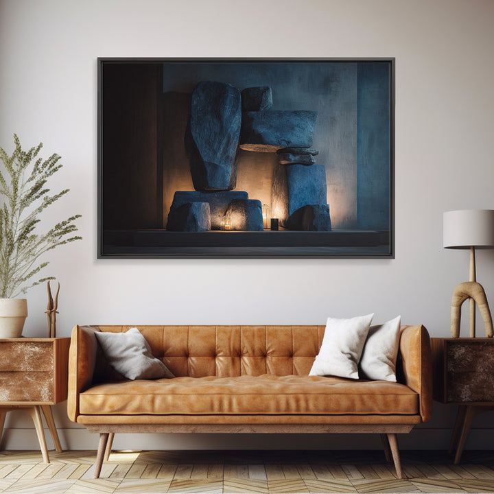 Blue Megalith Stone Sculpture Wall Art, Dramatic Modern Framed Canvas Print, Moody Minimalist Decor For Home Office Or Den