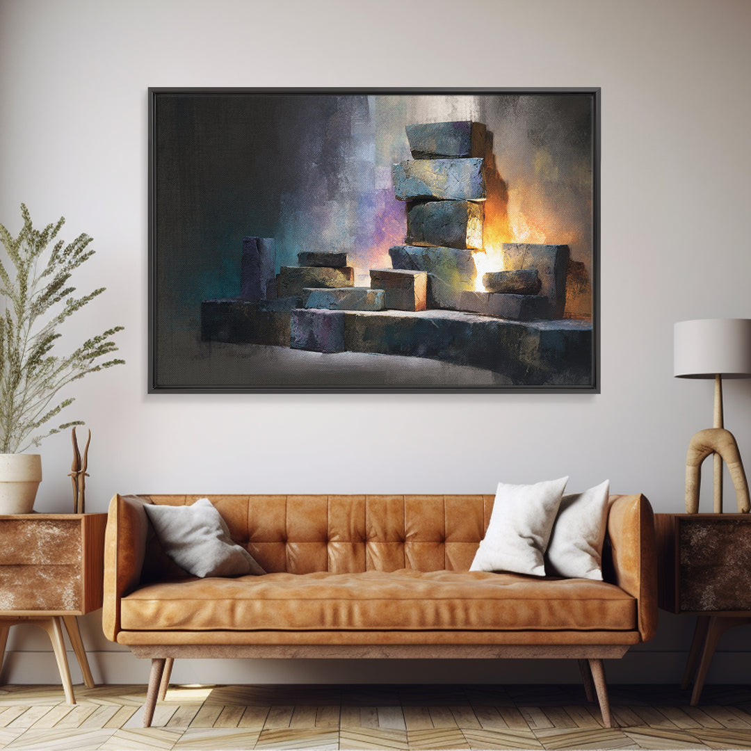 Stacked Stone Blocks Wall Art, Glowing Abstract Sculpture Canvas Print, Modern Contemporary Decor For Living Room Office