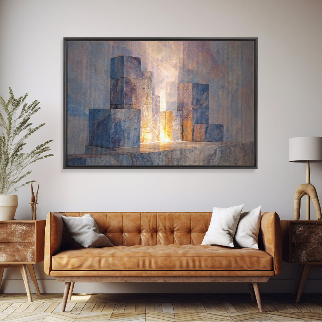 Pastel Marble Block City Wall Art, Luminous Geometric Framed Canvas Print, Modern Abstract Decor For Living Room Office Gallery