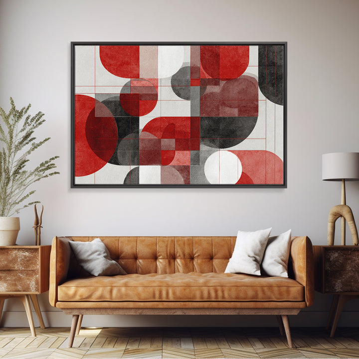 Red Black Geometric Circles Wall Art, Bauhaus Inspired Abstract Canvas Print, Modern MCM Decor For Living Room Office Gallery