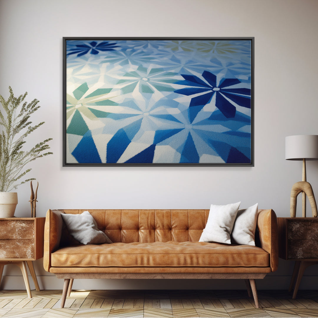 Blue Geometric Floral Pattern Wall Art, Scandinavian Modern Abstract Print, Coastal Bedroom Decor, Minimalist Home Office Art