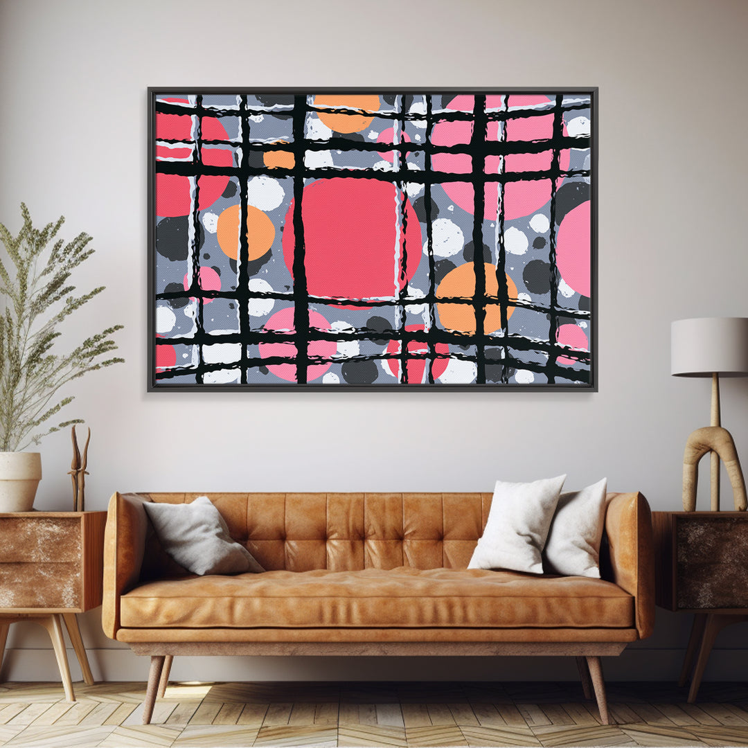 Pink Orange Wavy Grid Wall Art, Playful Abstract Circles Canvas Print, Retro Modern Geometric Decor For Dorm Office Or Studio