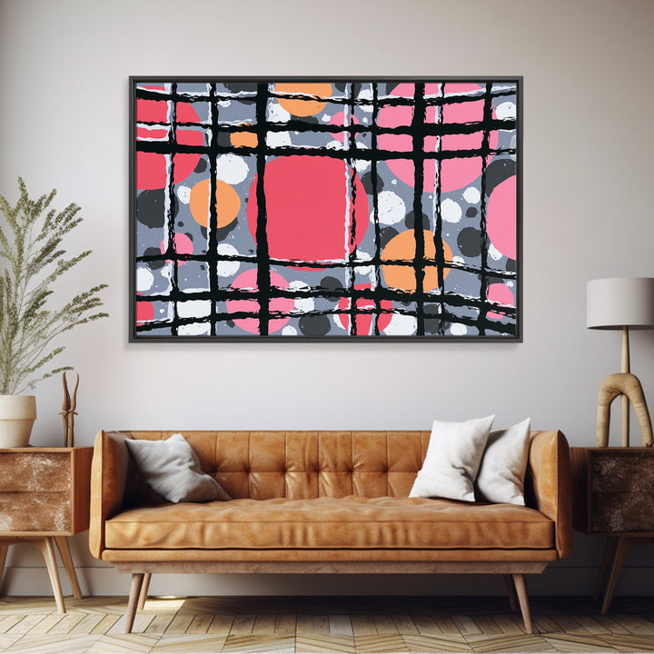 Pink Orange Wavy Grid Wall Art, Playful Abstract Circles Canvas Print, Retro Modern Geometric Decor For Dorm Office Or Studio