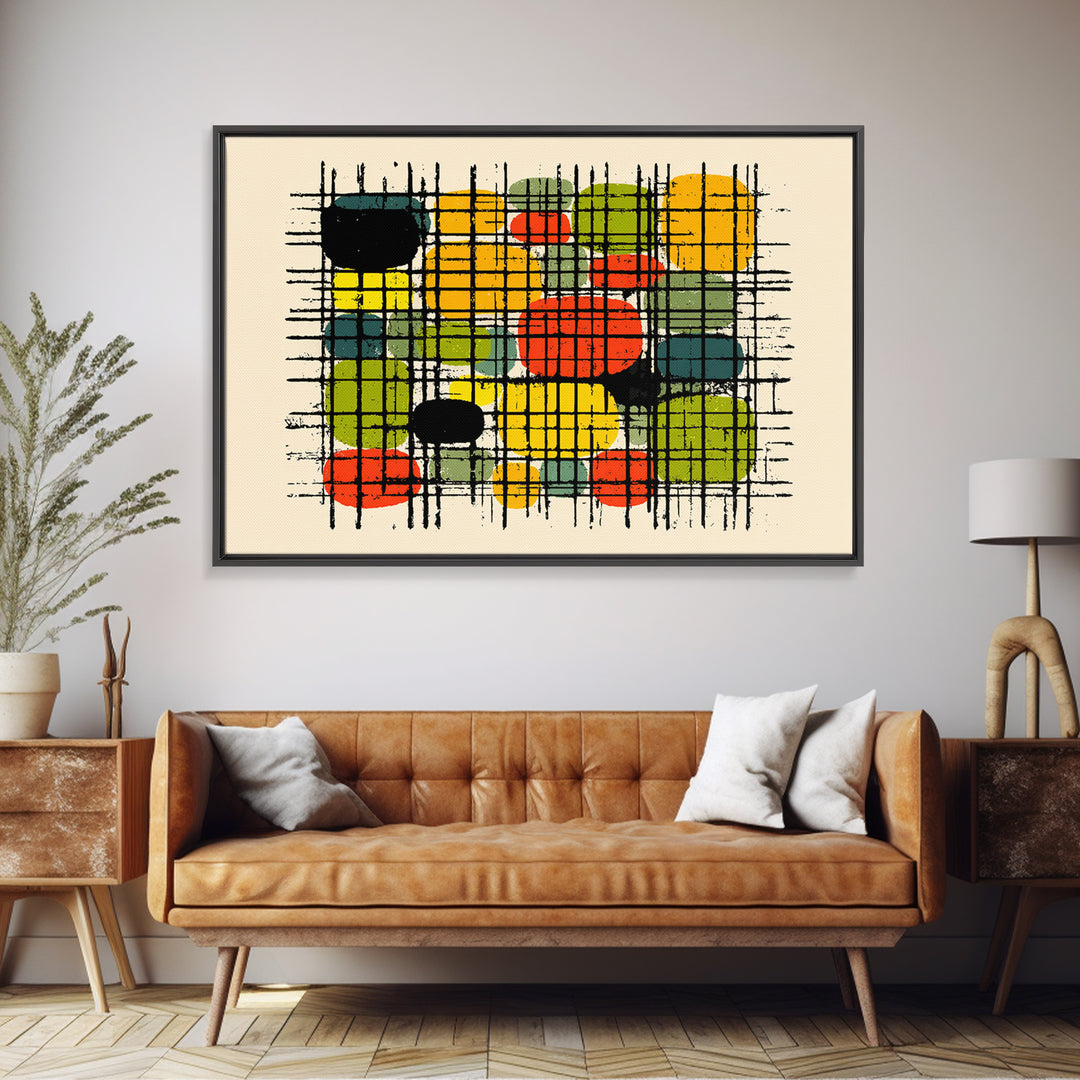 Colorful Grid Abstract Painting, Midcentury Modern Wall Art, Geometric Shapes Poster, Retro MCM Home Decor Canvas Print Gift