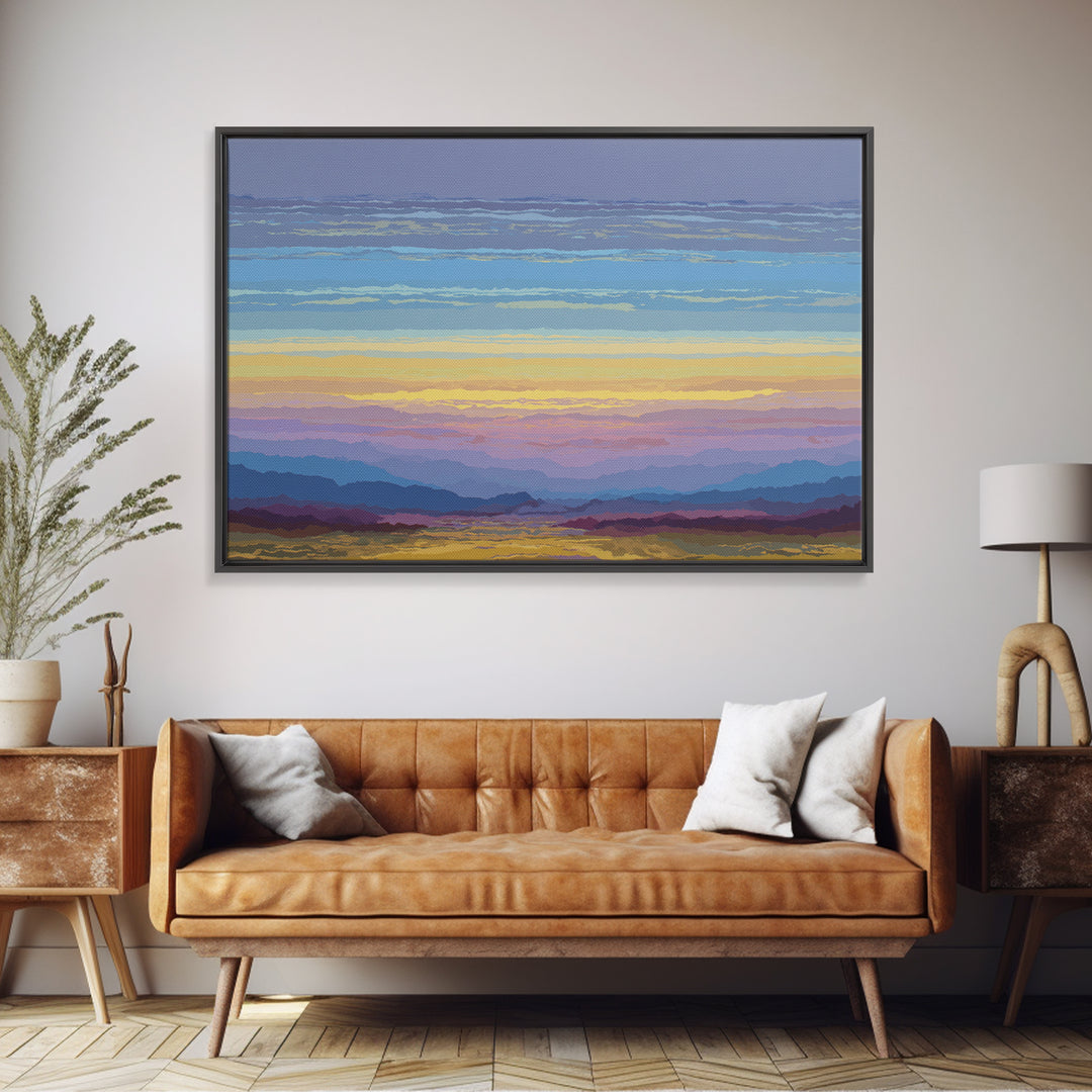 Pastel Mountain Sunset Landscape, Modern Wall Art, Scenic Nature Art Print, Serene Living Room Decor Framed Canvas Print