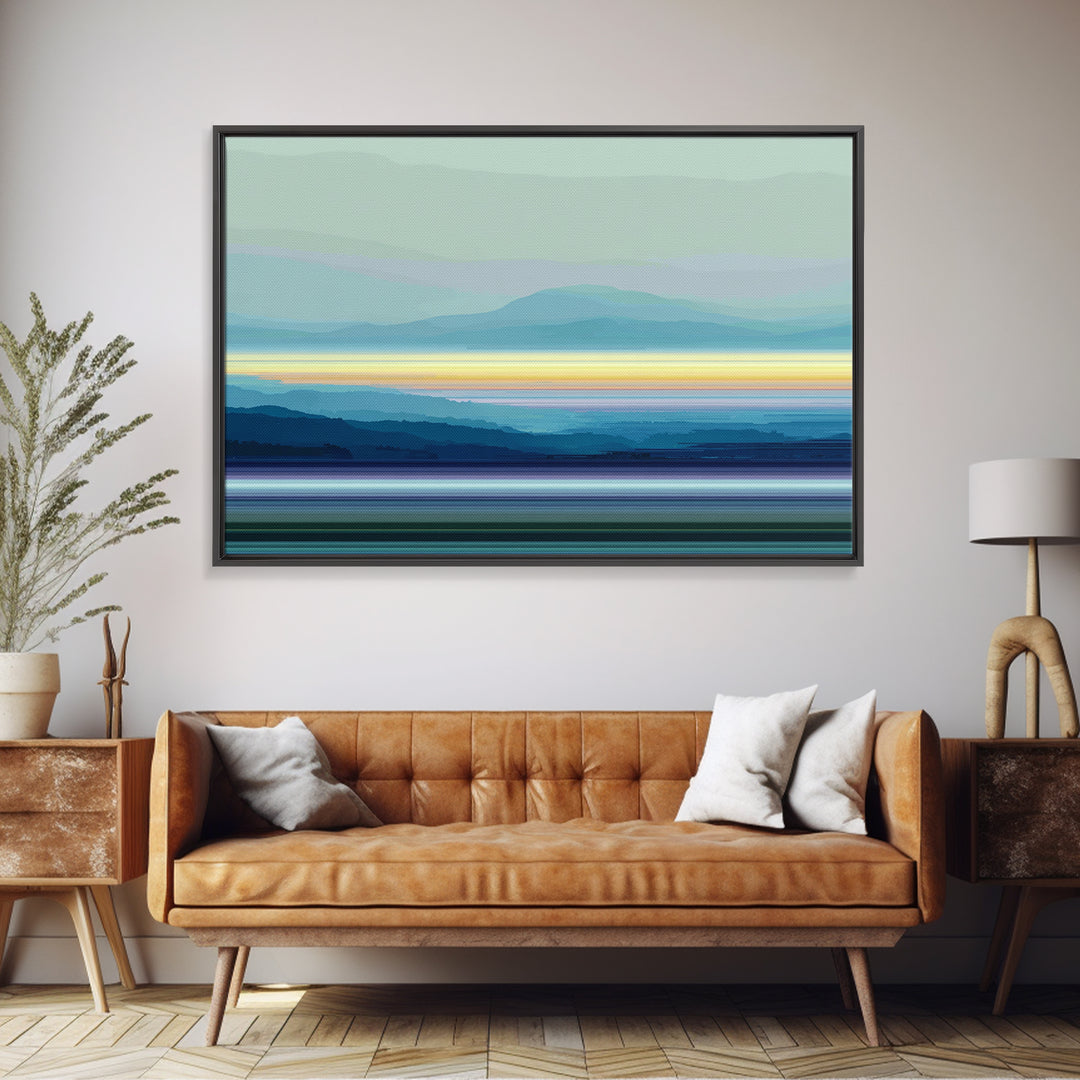 Misty Blue Mountain Lake Horizon, Modern Wall Art, Serene Landscape Art Print, Calm Bedroom Decor Framed Canvas Print Gift