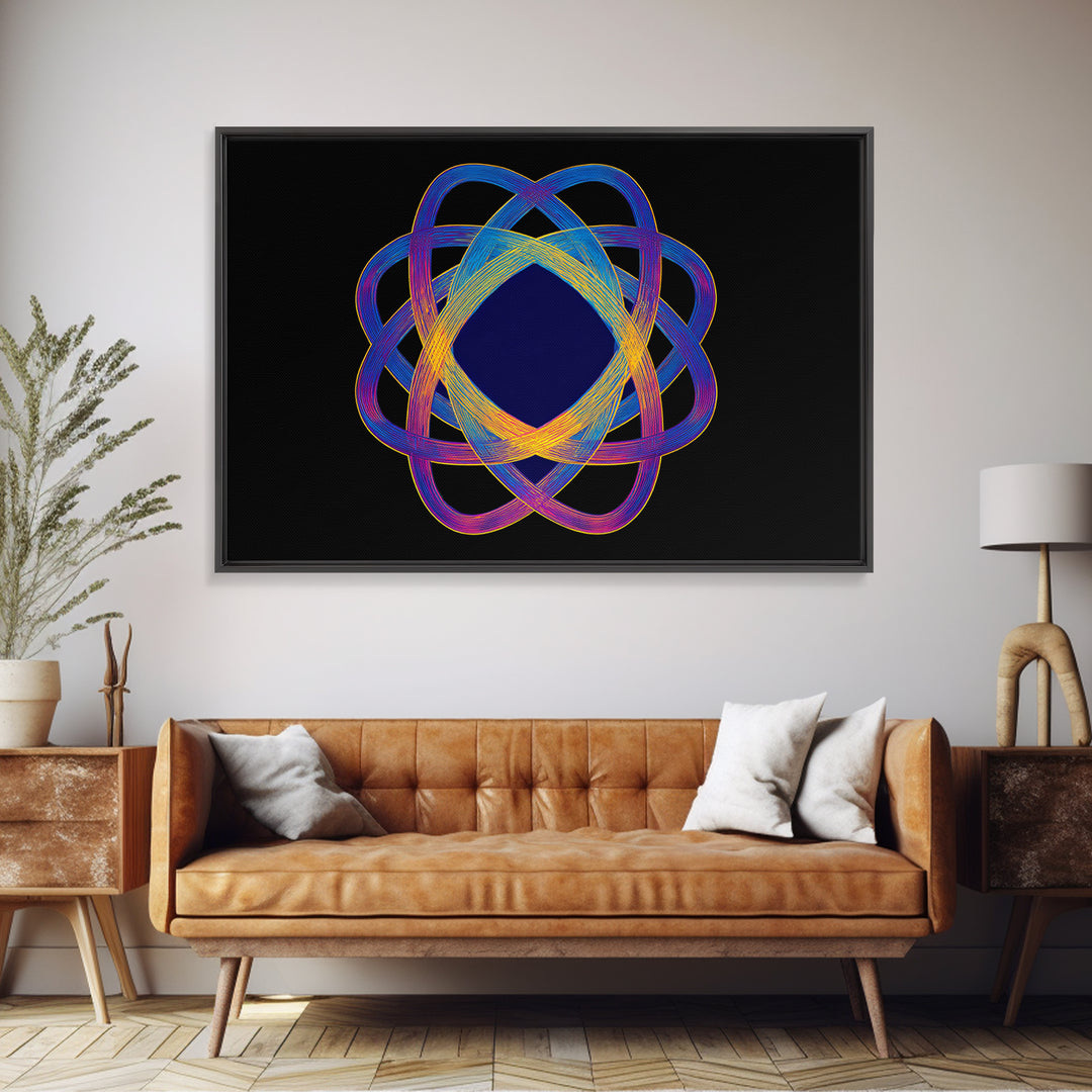 Neon Atomic Spirograph Abstract Wall Art, Midcentury Modern Art Print, Geometric Op Art, Retro Black Decor, Statement Piece