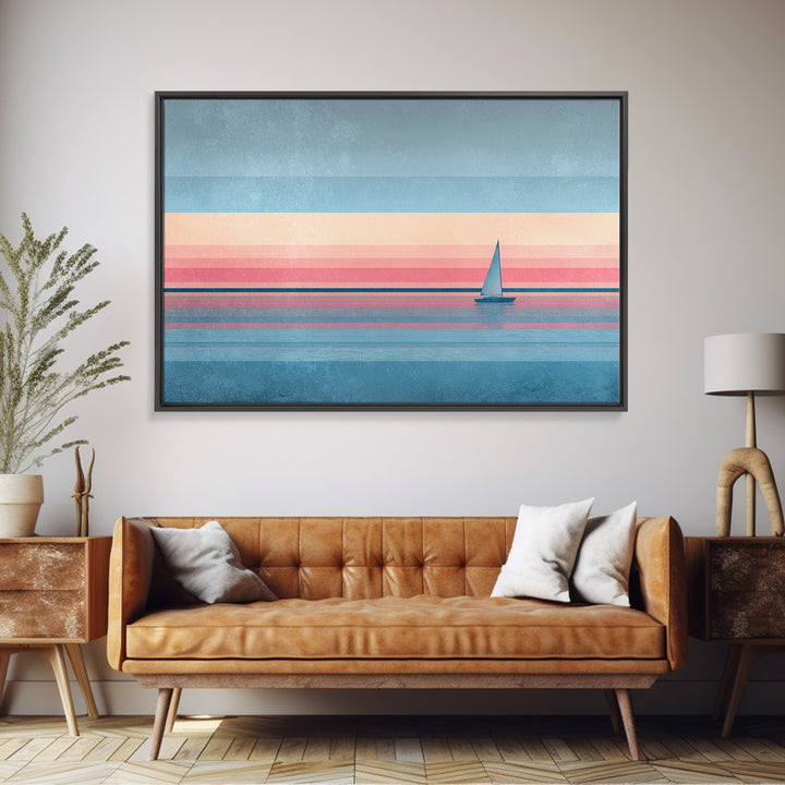Pastel Sailboat Horizon Canvas Print, Coastal Wall Art, Minimalist Seascape, Retro Modern Decor For Beach House, Living Room Art