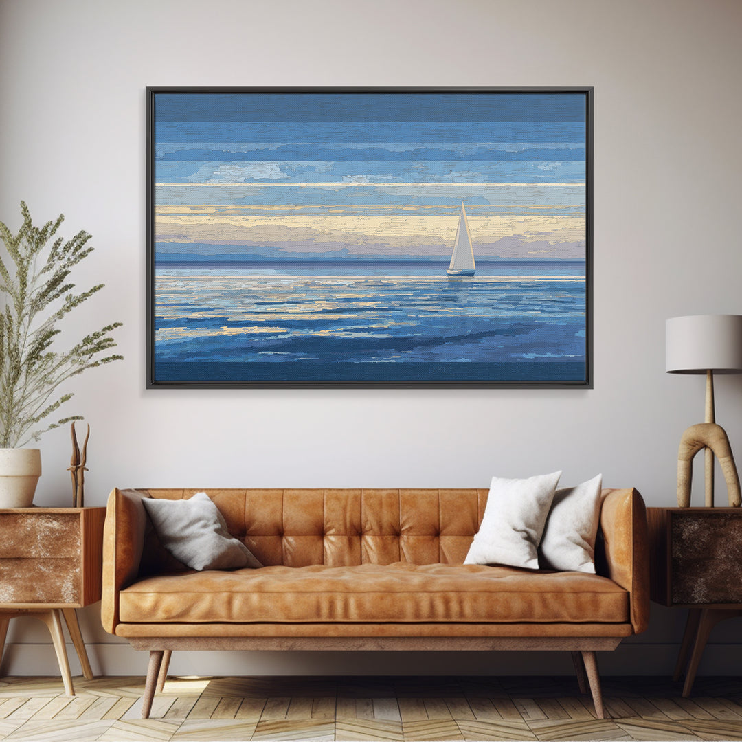 Blue Sailboat Seascape Framed Canvas Print, Coastal Wall Art, Ocean Landscape, Modern Home Decor For Living Room, Blue Wall Art