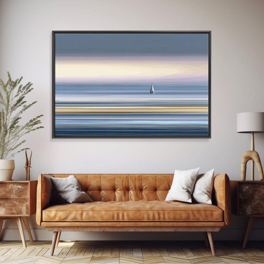 Minimal Sailboat At Dusk Canvas Print, Serene Coastal Wall Art, Pastel Ocean Horizon, Modern Bedroom Decor, Large Print Gift