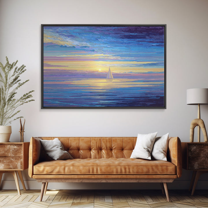 Sunset Sailboat Ocean Framed Canvas Print, Colorful Seascape Wall Art, Coastal Modern Decor, Blue Purple Living Room Art