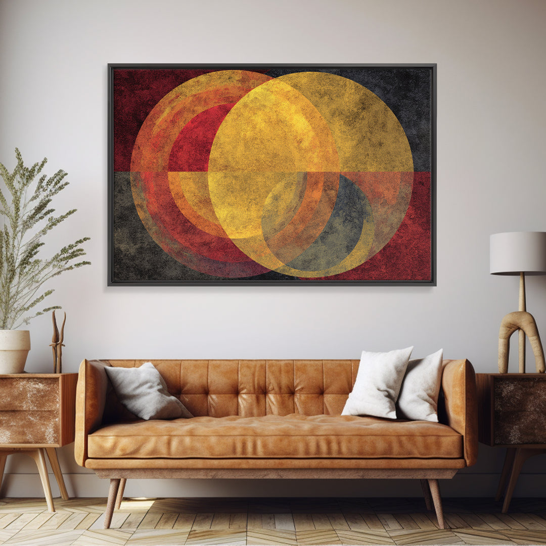 Red Gold Circle Abstract Wall Art, Midcentury Modern Canvas Print, Bauhaus Geometric Decor, Retro Home Office Statement Art