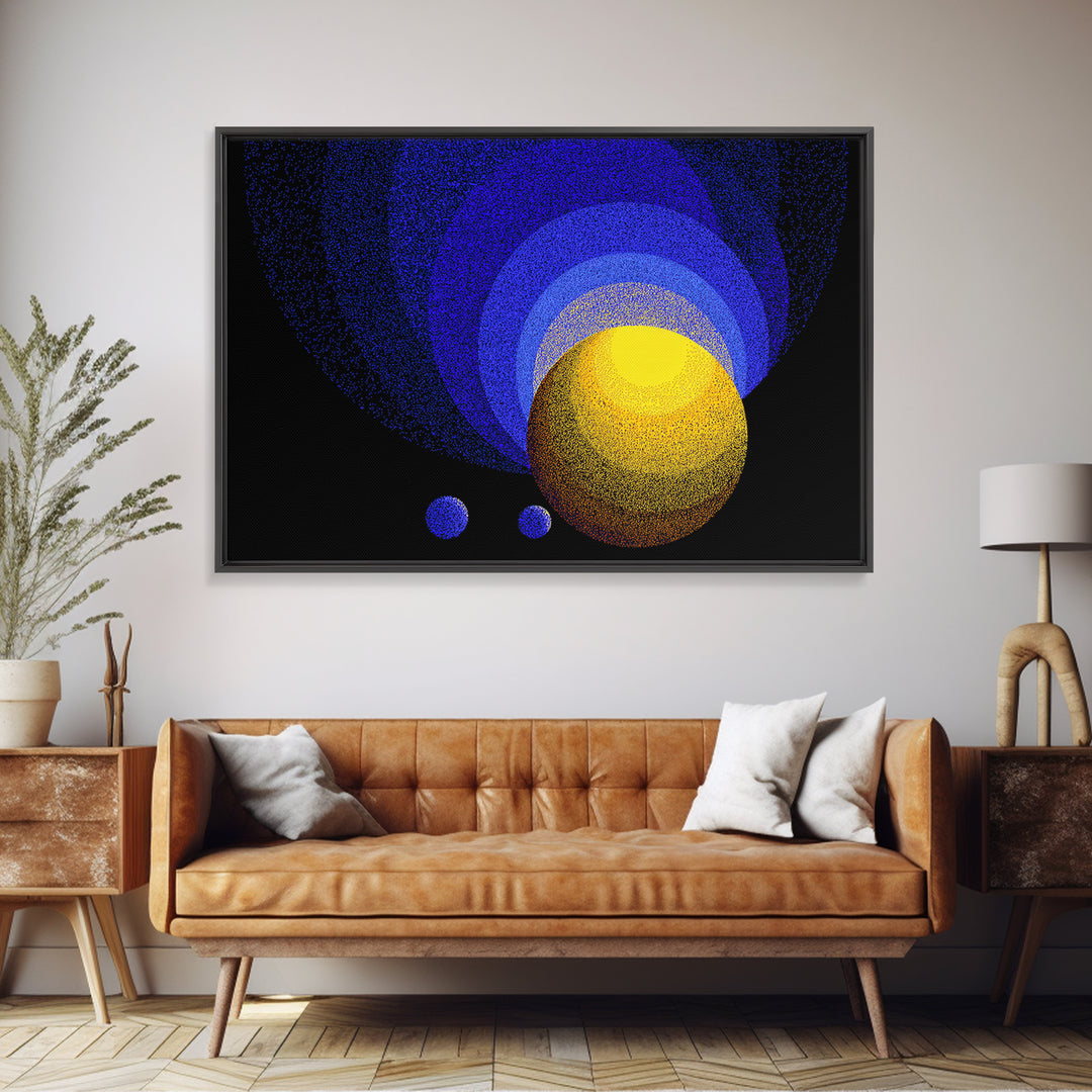 Blue Yellow Planet Spheres Wall Art, Cosmic Abstract Canvas Print, Modern Digital Art, Space Decor For Office Or Game Room