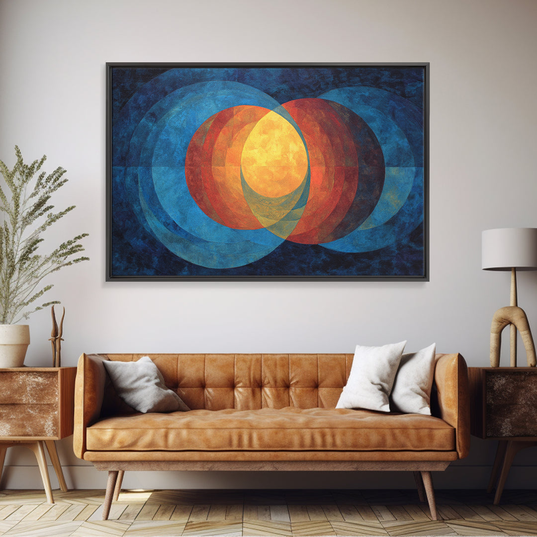 Blue Orange Overlapping Circles Wall Art, Midcentury Abstract Canvas Print, Modern Geometric Decor, Large Living Room Art