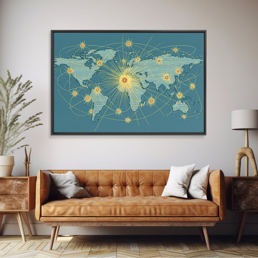 Retro World Map With Golden Network Lines Wall Art, Midcentury Modern Travel Poster, Atomic Office Decor For Global Home