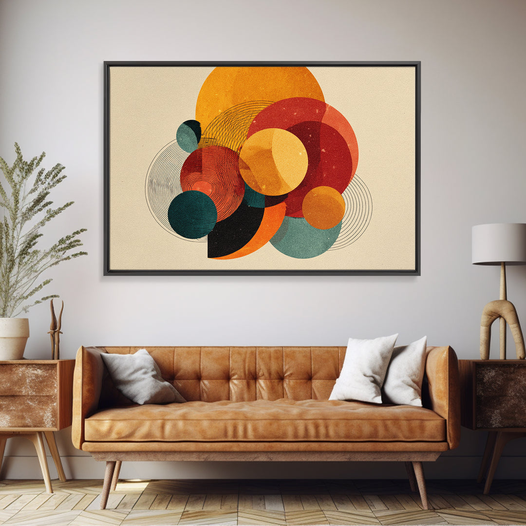 Orange Teal Circle Abstract Canvas Print, Midcentury Modern Wall Art, Bauhaus Geometric Poster, Warm Retro Home Decor Gift