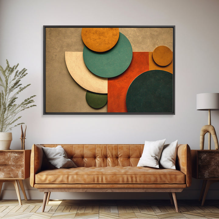 Earth Tone Circles And Rectangles Canvas Print, Midcentury Modern Abstract Art, Geometric Wall Art, Warm Boho Home Decor