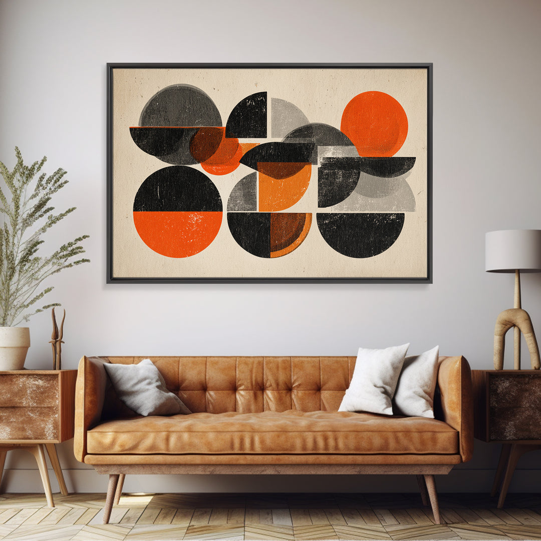 Orange Black Gray Circle Collage Wall Art, Midcentury Modern Art Print, Retro Geometric Poster, Bold MCM Living Room Wall Decor
