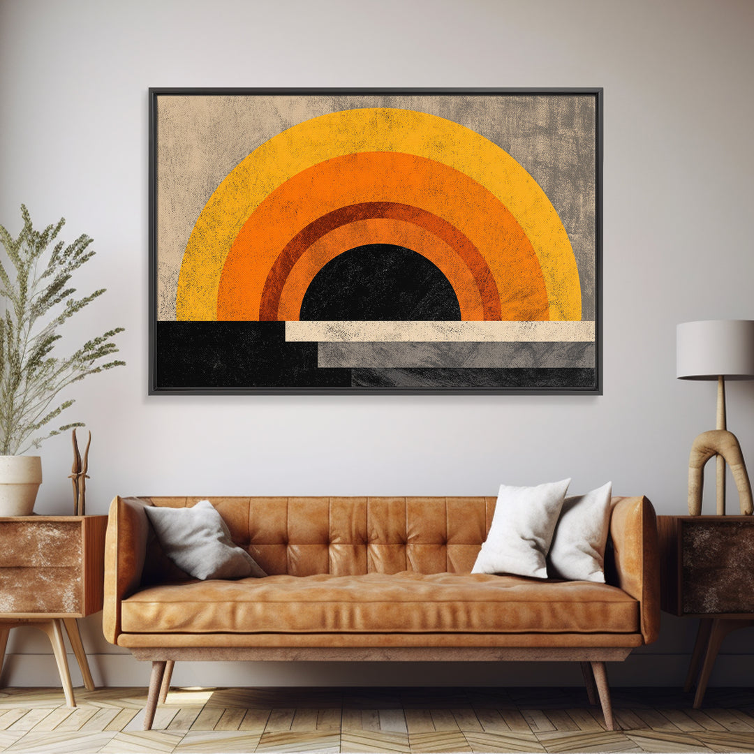 Orange Sun Rainbow Horizon Framed Canvas Print, Midcentury Sun Wall Art, Retro 70s Poster, Warm Modern Boho Living Room Home Decor