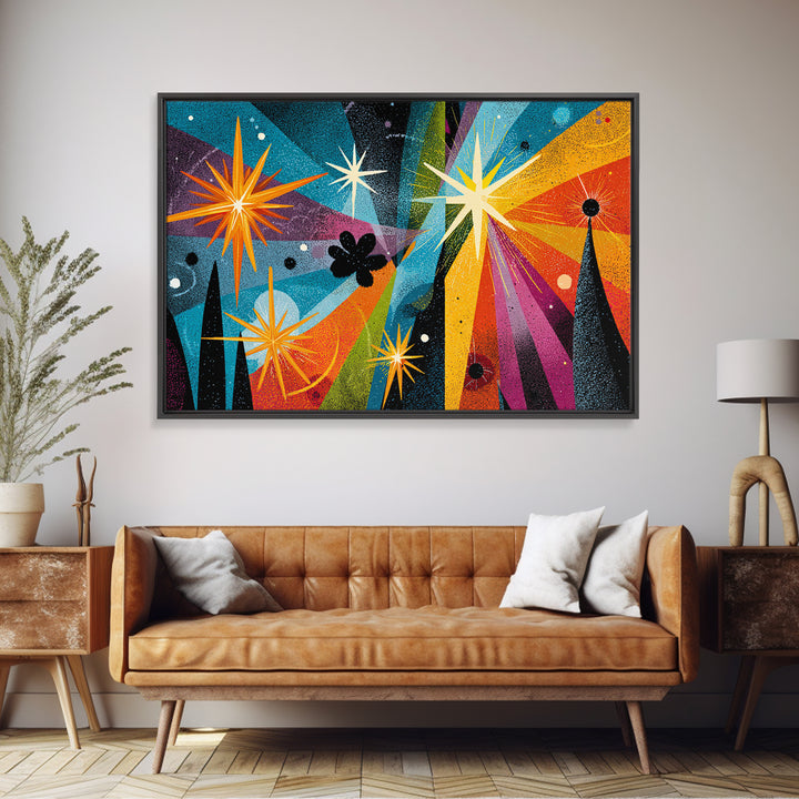 Colorful Atomic Starburst Night Wall Art, Midcentury Modern Art Print, Retro Space Abstract, Funky MCM Living Room Wall Decor