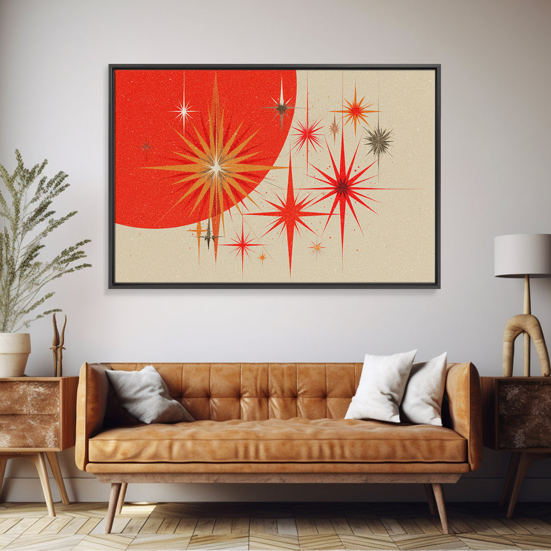 Red Orange Starbursts And Circle Wall Art, Midcentury Modern Abstract Art Print, Atomic Retro Poster, Minimal Home Decor
