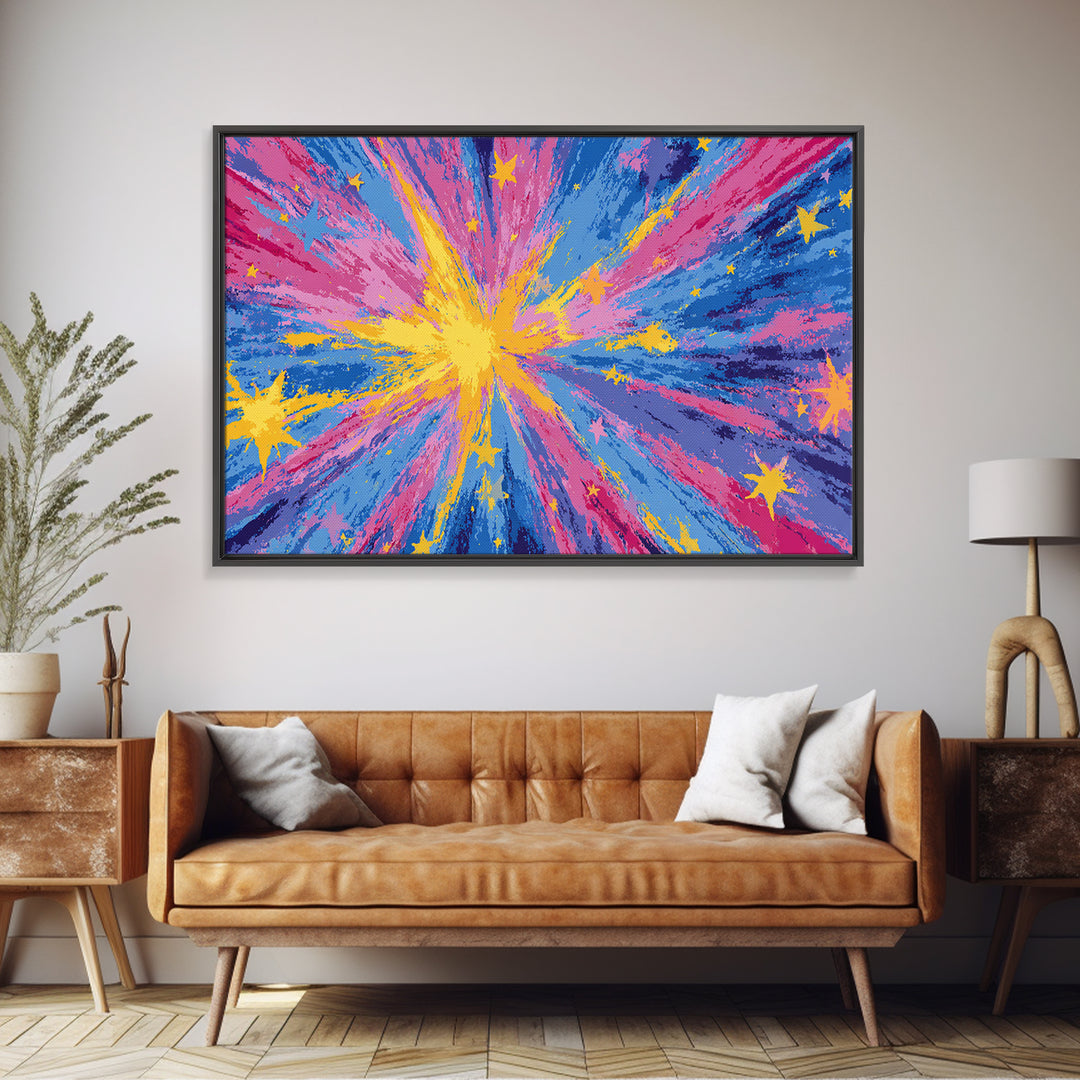 Pink Blue Yellow Star Explosion Canvas Print, Colorful Modern Wall Art, Retro Abstract Poster, Bright Kids Room Nursery Decor