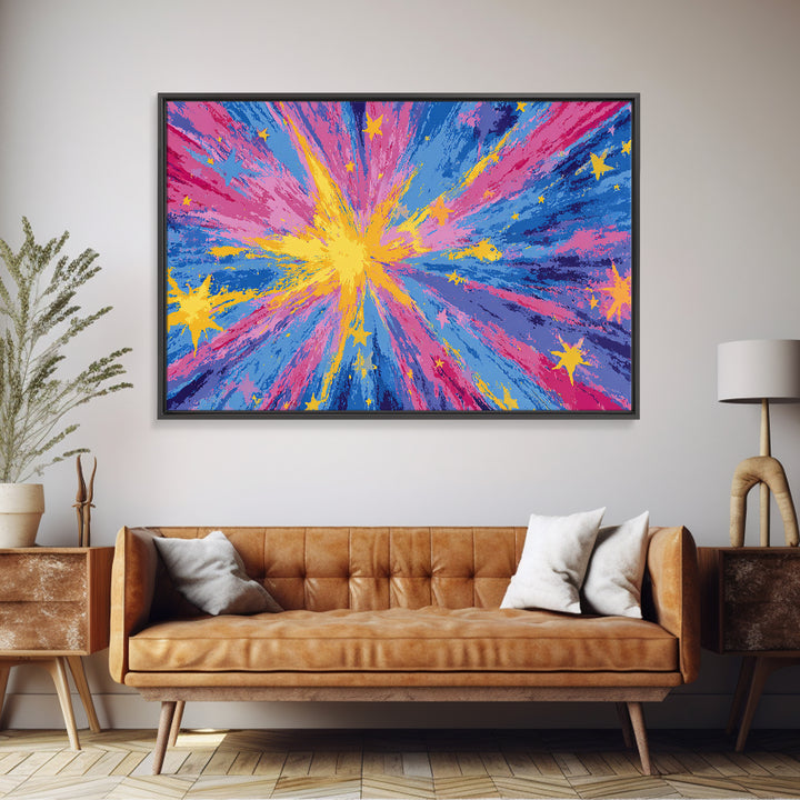 Pink Blue Yellow Star Explosion Canvas Print, Colorful Modern Wall Art, Retro Abstract Poster, Bright Kids Room Nursery Decor