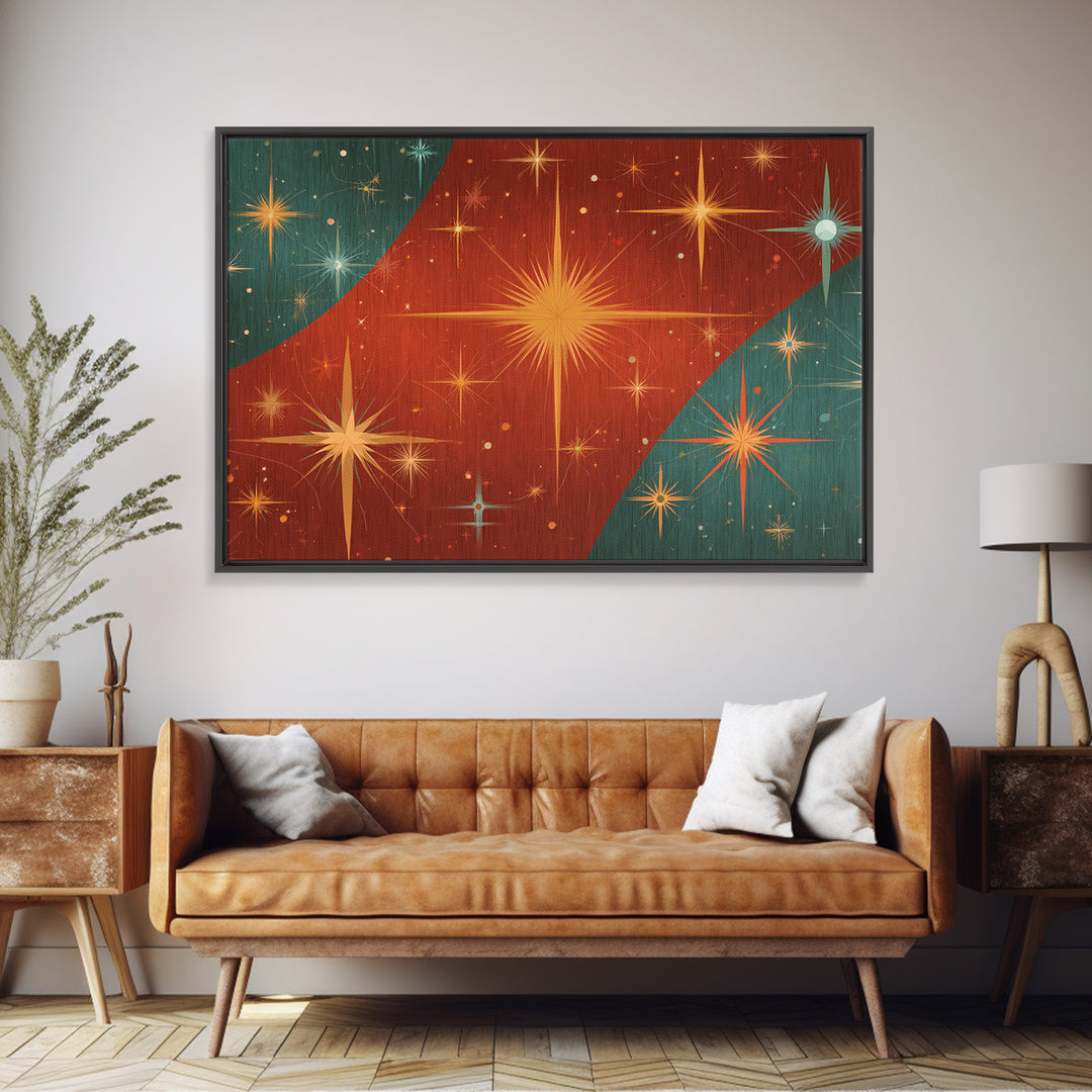 Red Teal Atomic Starburst Wall Art, Midcentury Modern Art Print, Retro Space Abstract, Warm MCM Living Room Statement Home Decor