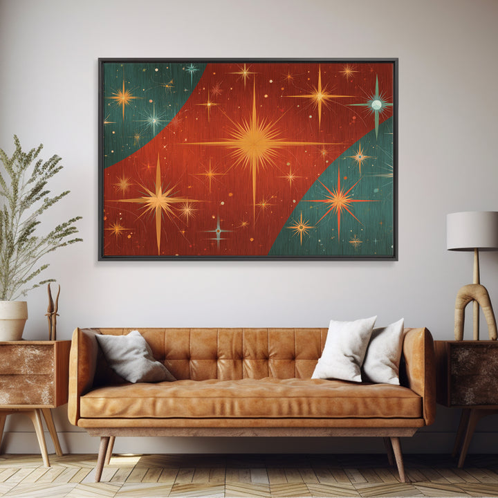 Red Teal Atomic Starburst Wall Art, Midcentury Modern Art Print, Retro Space Abstract, Warm MCM Living Room Statement Home Decor