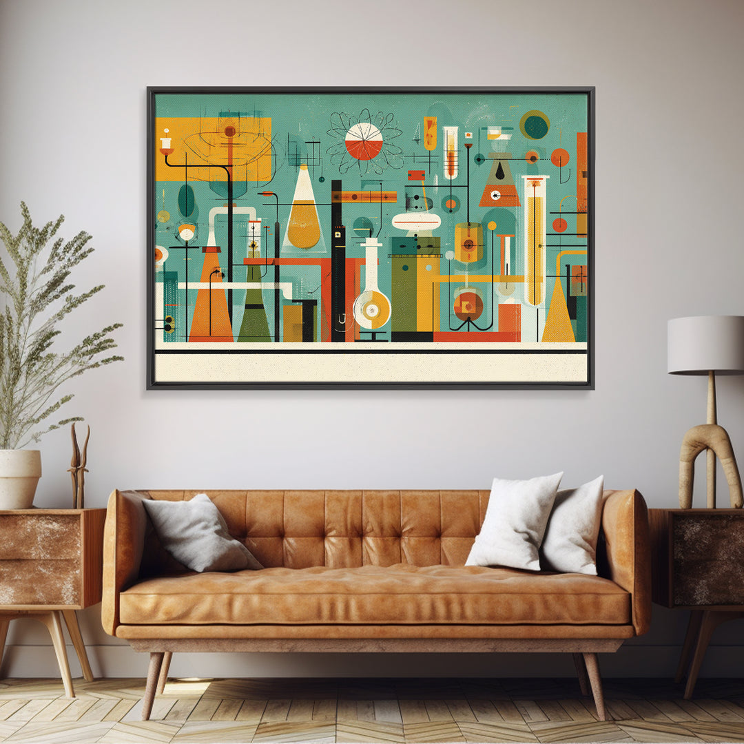 Retro Chemistry Lab With Beakers Wall Art, Midcentury Modern Science Print, Atomic Decor, Teal Orange Laboratory Artwork
