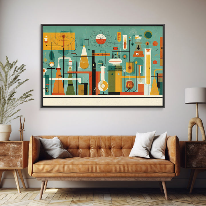Retro Chemistry Lab With Beakers Wall Art, Midcentury Modern Science Print, Atomic Decor, Teal Orange Laboratory Artwork