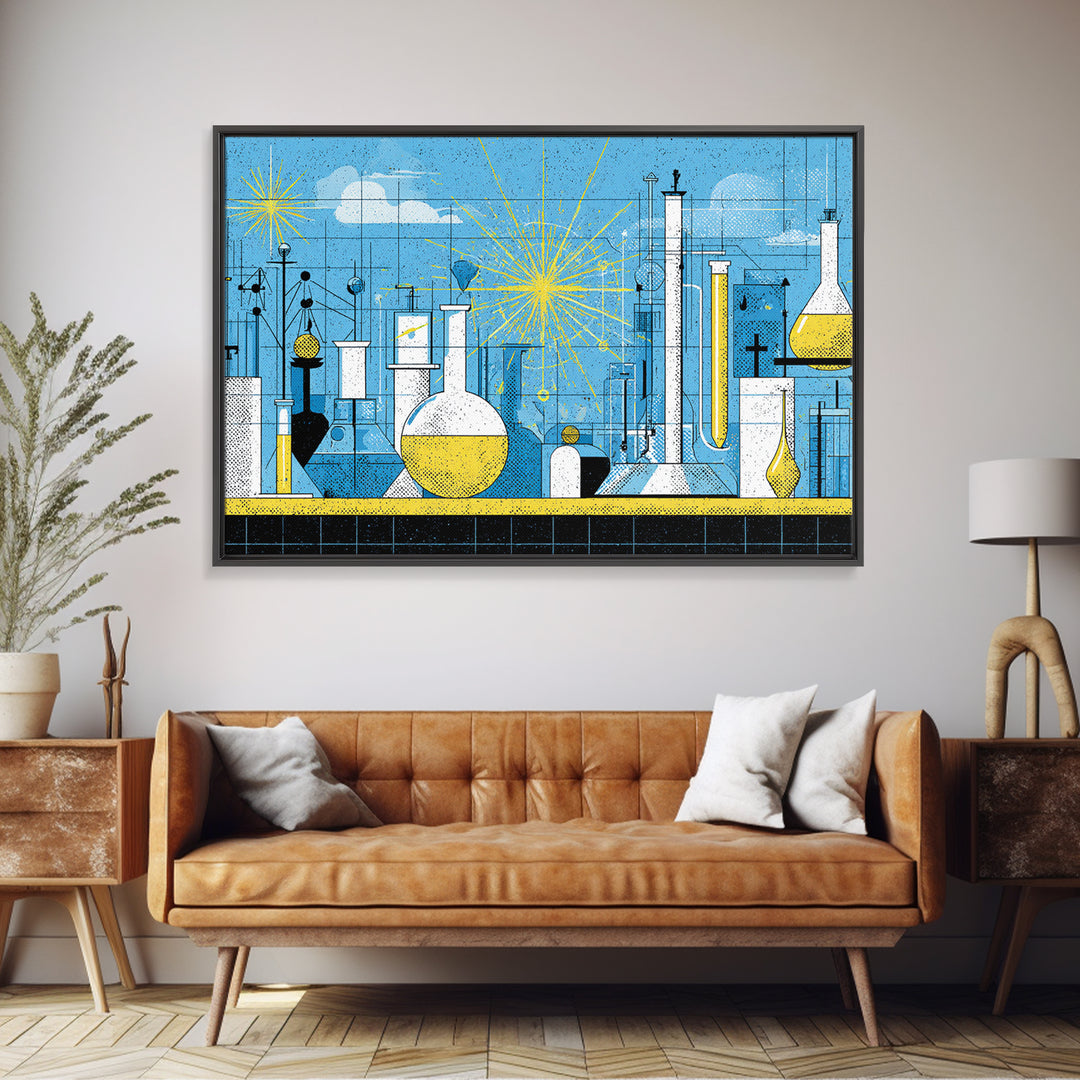 Blue Atomic Science Lab Canvas Print, Midcentury Modern Art, Yellow Sunburst Chemistry Decor, Retro Laboratory Wall Decor