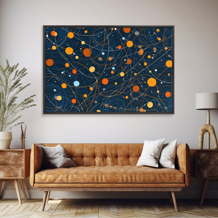 Dark Blue Orange Orbital Wall Art, Midcentury Modern Atomic Abstract Print, Cosmic Geometric Decor, MCM Retro Space Poster