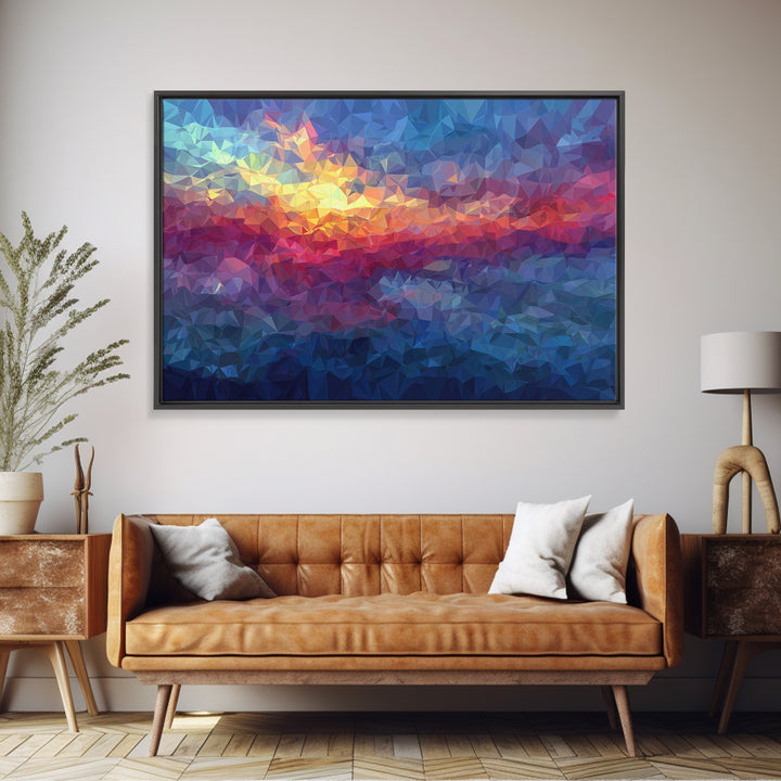Low Poly Sunset Mountain Lake Wall Art, Colorful Geometric Art Print, Modern Home Decor, Living Room Framed Canvas Print