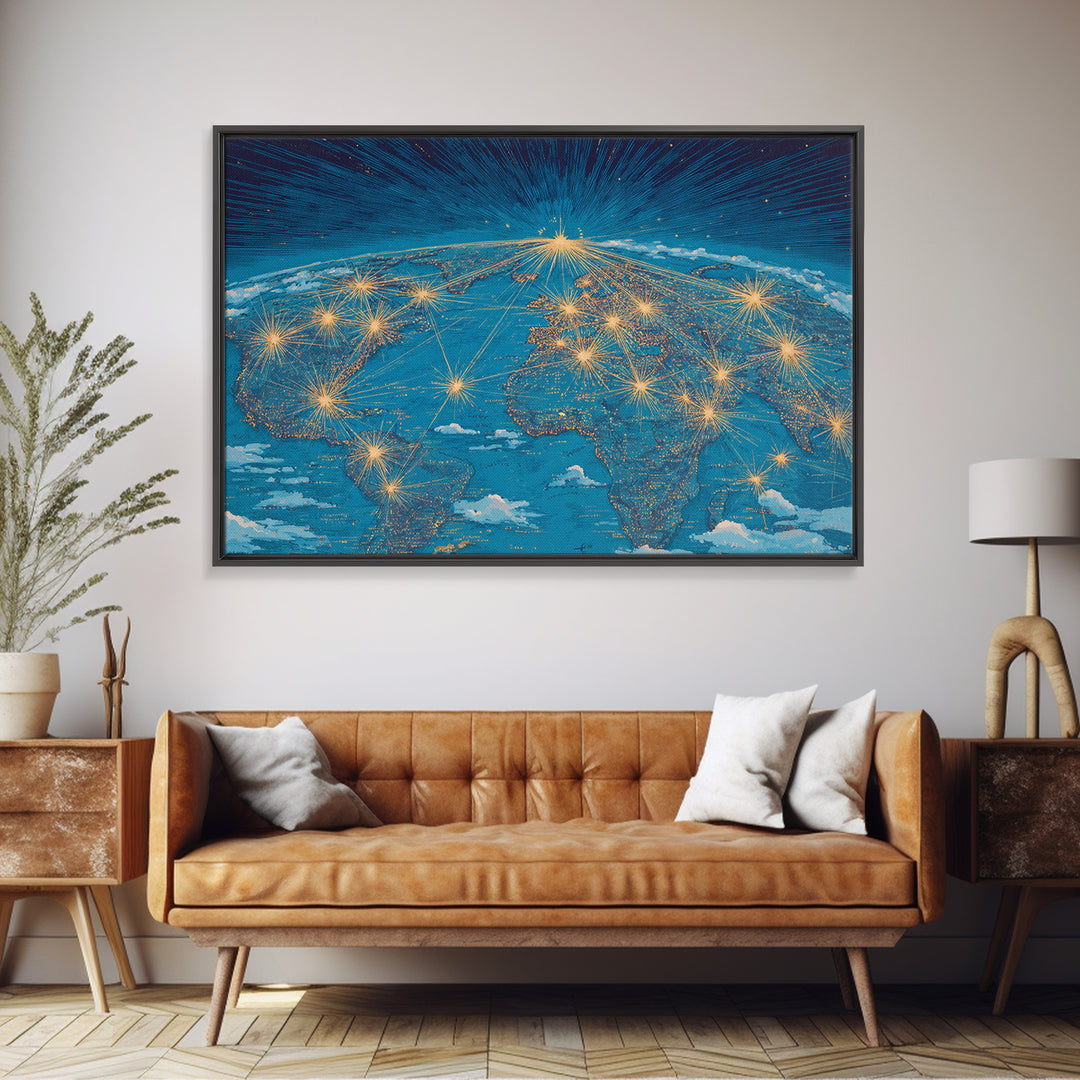 Earth From Space Network Lights Framed Canvas Print, Modern Wall Art, Midcentury Futuristic Travel Poster For Office Decor