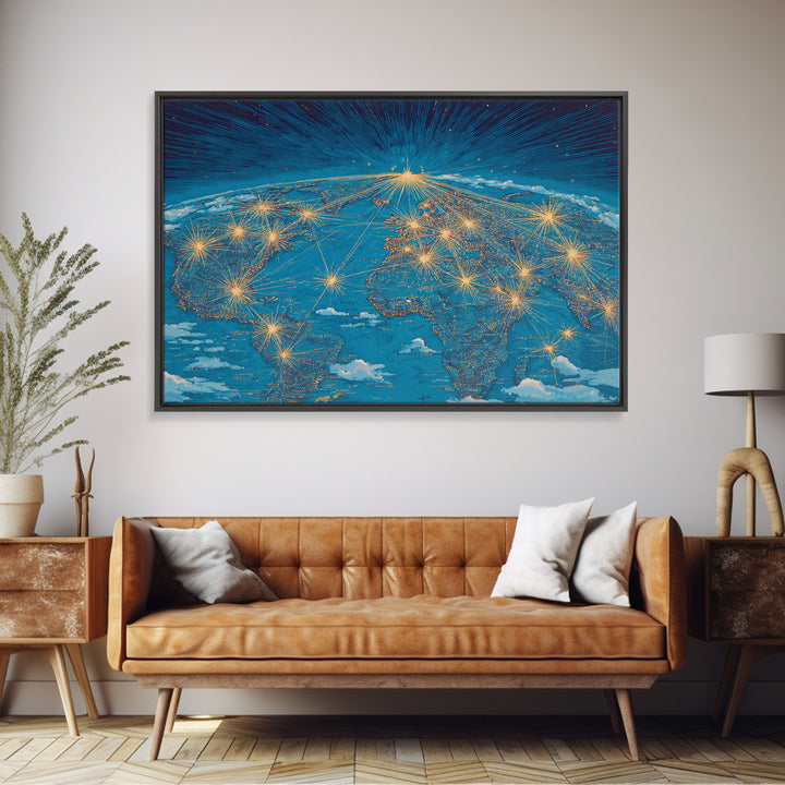 Earth From Space Network Lights Framed Canvas Print, Modern Wall Art, Midcentury Futuristic Travel Poster For Office Decor