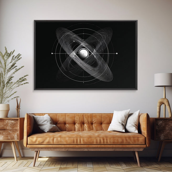 Atomic Sphere Orbit Canvas Print, Black And White Space Art, Geometric Wall Art, Modern Abstract Poster, Science Office Decor