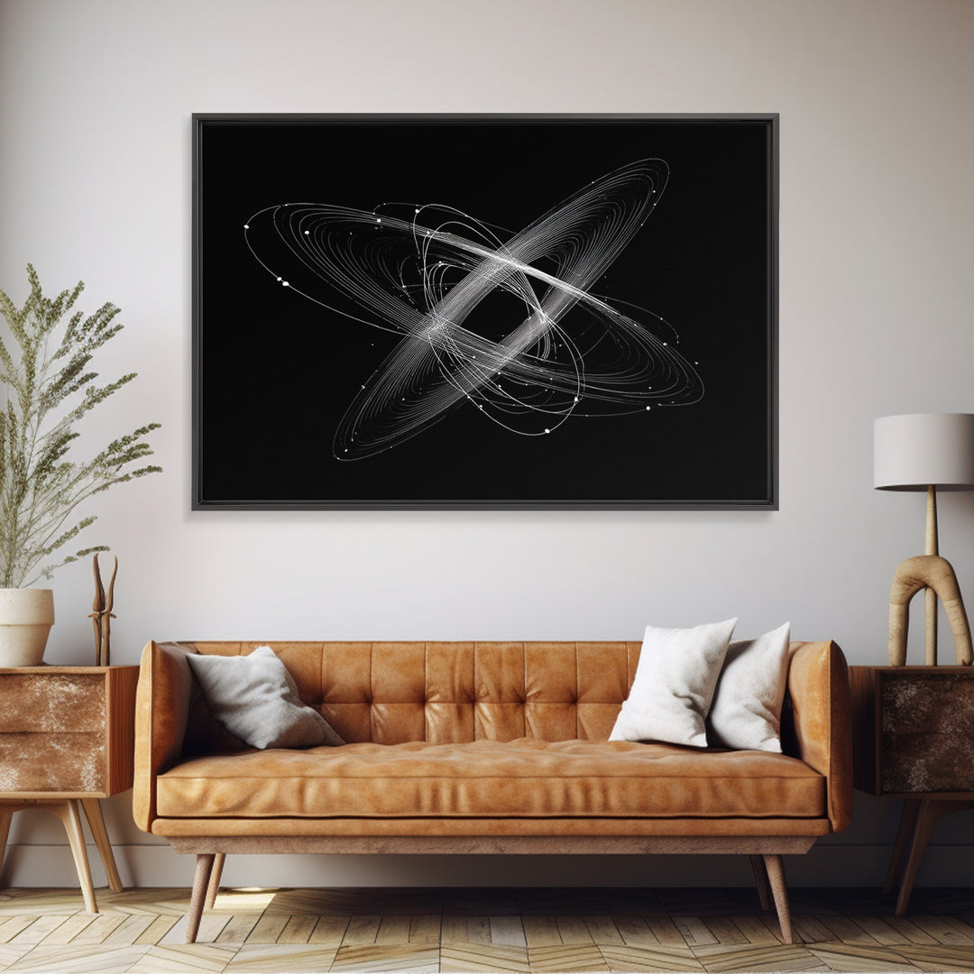 Tilted White Orbital Atom Wall Art, Minimalist Space Abstract Art Print, Modern Geometric Poster, Black Sci Fi Office Decor