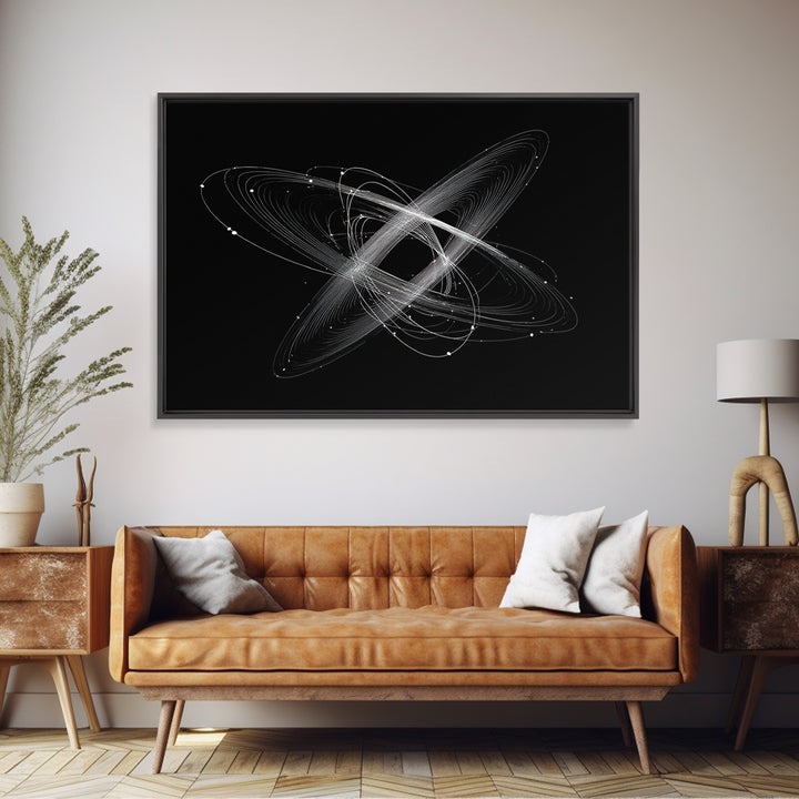 Tilted White Orbital Atom Wall Art, Minimalist Space Abstract Art Print, Modern Geometric Poster, Black Sci Fi Office Decor