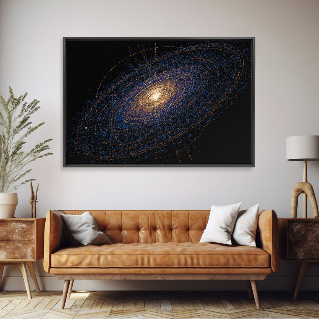 Blue Orange Spiral Galaxy Framed Canvas Print, Cosmic Space Abstract Art, Modern Wall Art, Digital Science Poster, Office Decor
