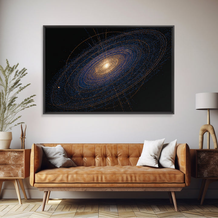 Blue Orange Spiral Galaxy Framed Canvas Print, Cosmic Space Abstract Art, Modern Wall Art, Digital Science Poster, Office Decor