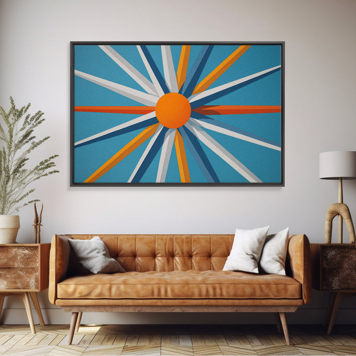 Orange Sunburst Geometric Wall Art, Midcentury Modern Art Print, Blue Teal Atomic Poster, Retro Modern Living Room Decor