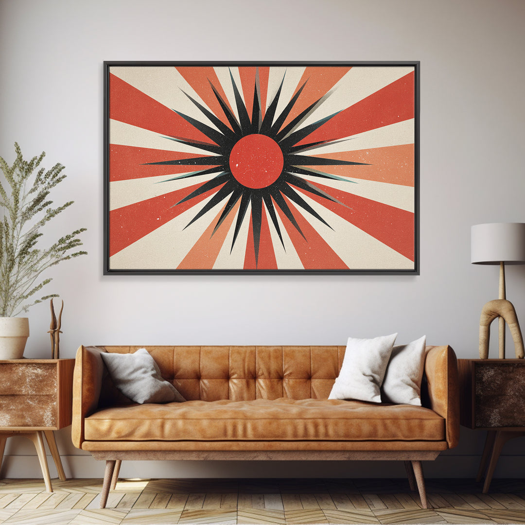 Red Black Retro Sunburst Wall Art, Midcentury Atomic Art Print, Orange Cream Geometric Poster, 60s Modern Living Room Wall Decor