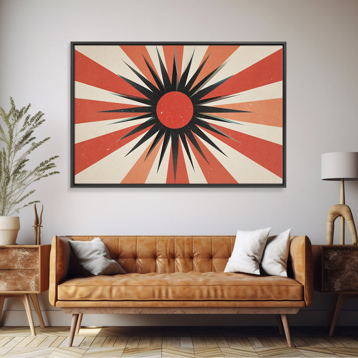 Red Black Retro Sunburst Wall Art, Midcentury Atomic Art Print, Orange Cream Geometric Poster, 60s Modern Living Room Wall Decor