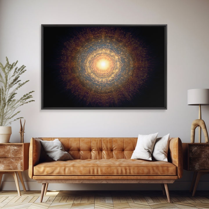 Golden Cosmic Mandala Framed Canvas Print, Abstract Spiritual Art, Modern Wall Art, Radiant Space Poster, Meditation Decor