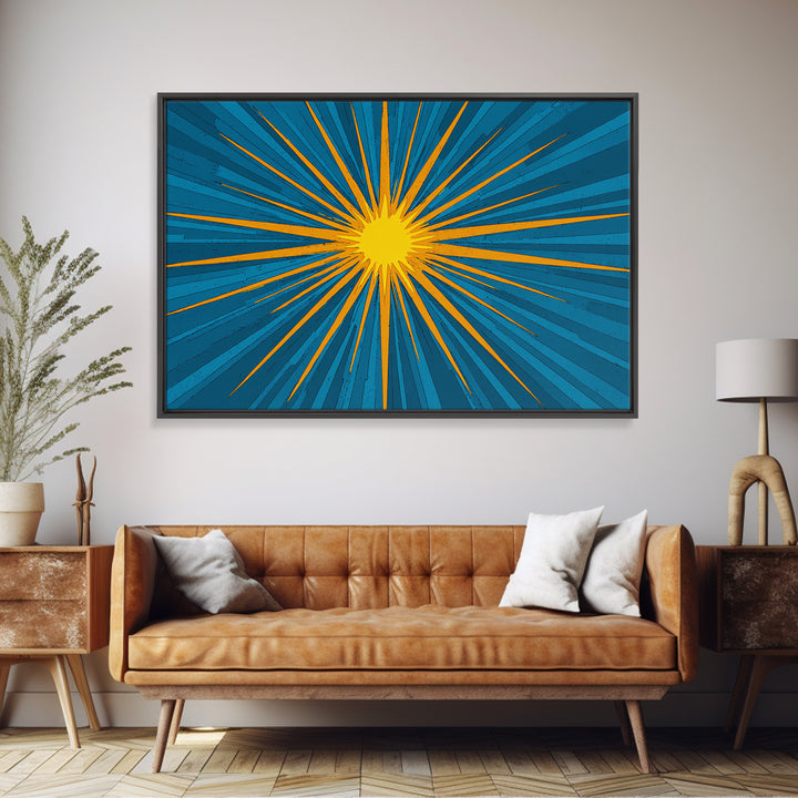 Blue Yellow Pop Art Sunburst Wall Art, Midcentury Modern Decor, Retro Geometric Print, Atomic MCM Living Room Decor Gift