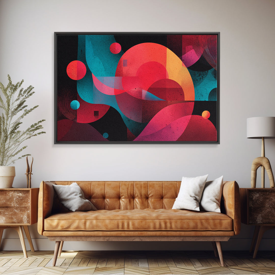 Red Teal Abstract Circles Wall Art, Midcentury Modern Abstract Art, Geometric Canvas Print, Bold MCM Living Room Decor Gift
